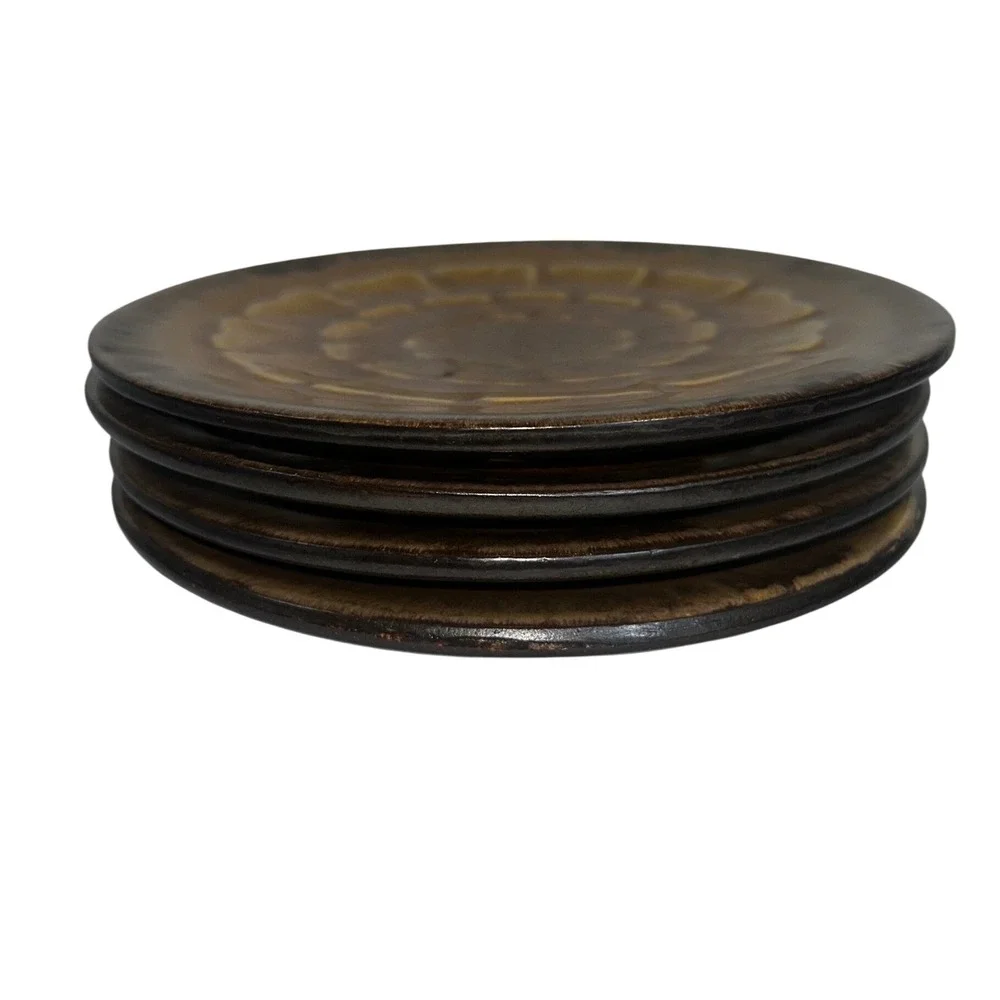 Pier 1‎ Akita Earthenware Plates Set of 4 Brown Gold Floral Design Lotuas Flower